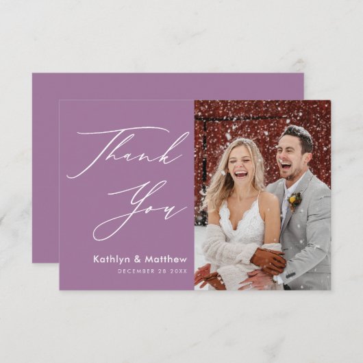 Carte De Remerciements Elegant Mauve Élégant Script Mariage photo moderne (Devant / Derrière)