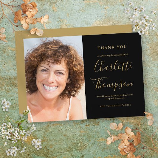 Carte De Remerciements Élégant Mémorial de l'or - Photo funéraire