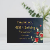 Carte De Remerciements Elégant Midnight Blue Gold Floral 40e anniversaire (Debout devant)