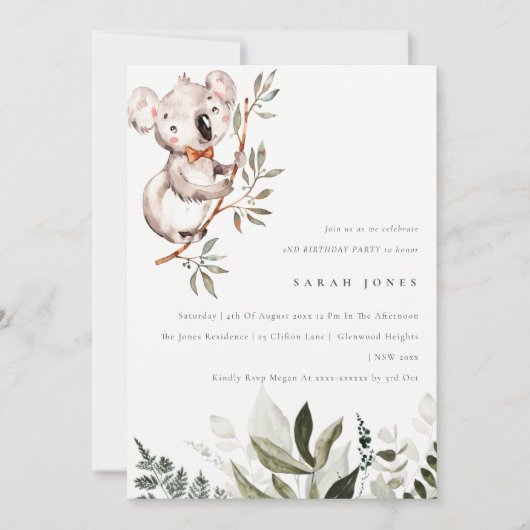 Carte De Remerciements Elégant Mignon Koala Foliage N'importe quel âge An (Devant)