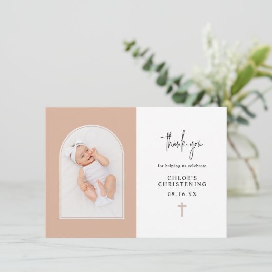 Carte De Remerciements Élégant minimal Bleu Arc rose  (Debout devant)