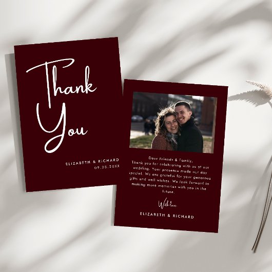 Carte De Remerciements Elegant & Modern Burgundy Wedding