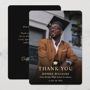 Carte De Remerciements Elégant moderne Black and Gold Photo Graduation