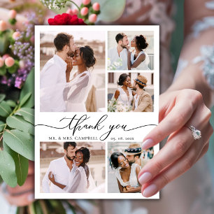 Carte De Remerciements Élégant moderne Script 6 Photo Collage Mariage