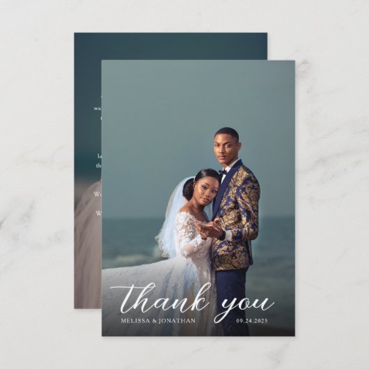 Carte De Remerciements Élégant moderne superposition Script 2 Mariage pho (Devant / Derrière)