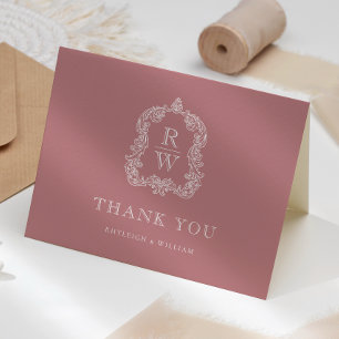 Carte De Remerciements Élégant Monogram Crest Dusty Rose Mariage