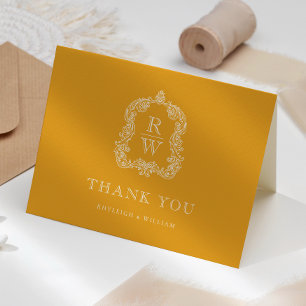 Carte De Remerciements Élégant Monogram Crest Marigold Jaune Mariage