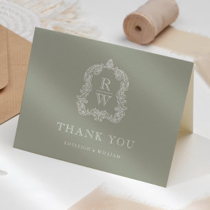 Carte De Remerciements Élégant Monogram Crest Sage Green Mariage