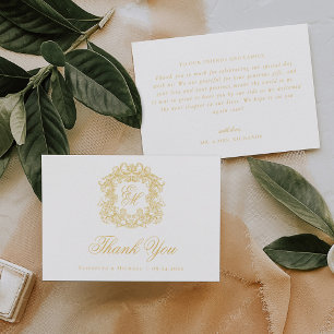 Carte De Remerciements Élégant Monogram Crest Vintage Wedding Gold