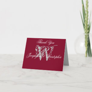 Carte De Remerciements Élégant Monogramme Bourgogne Blank Mariage plié