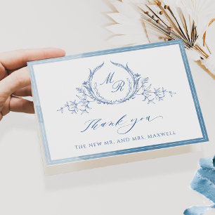 Carte De Remerciements Élégant Monogramme Classique Bleu, Mariage Aquarel