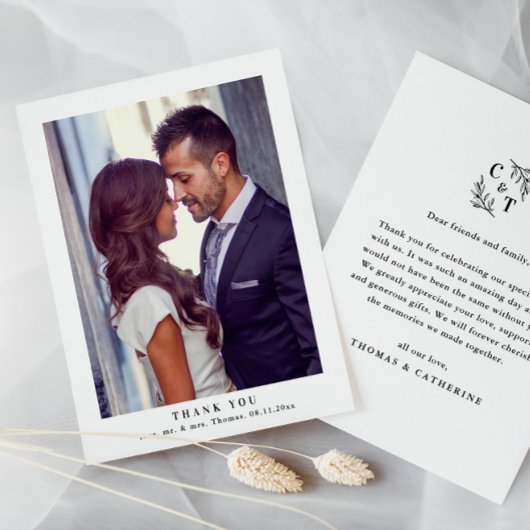 Carte De Remerciements Élégant Monogramme Verdure Feuille Photo Mariage