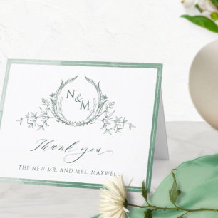 Carte De Remerciements Élégant Monogramme vert, Mariage aquarelle