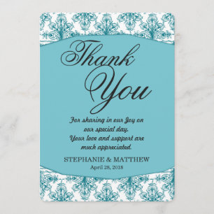 Carte De Remerciements Elégant motif bleu et blanc de Damas de la baie de