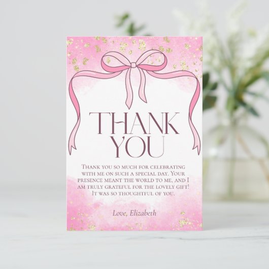 Carte De Remerciements Élégant Nœud Féminin Rose Faux Paillettes Dorées M (Debout devant)