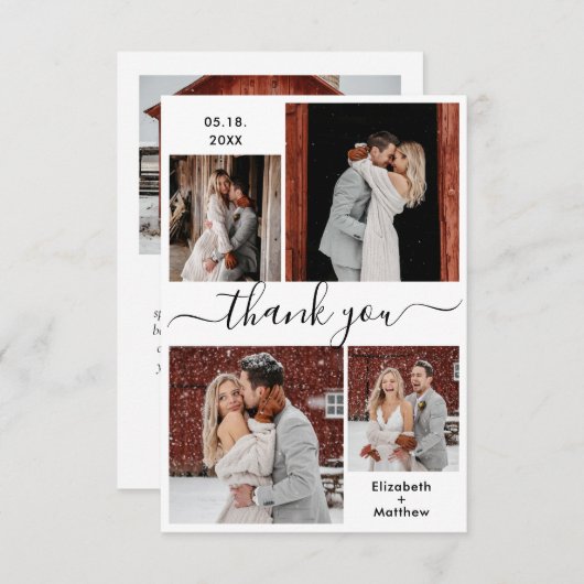 Carte De Remerciements Élégant noir blanc Script 4 Photo Collage Mariage (Devant / Derrière)