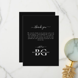 Carte De Remerciements Élégant Noir et Blanc Monogramme Initiales Mariage