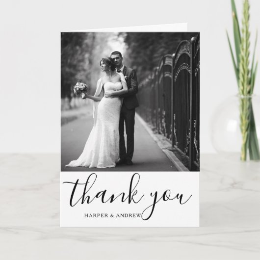 Carte De Remerciements Élégant noir et blanc Script Mariage photo (Devant)