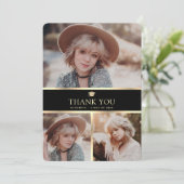 Carte De Remerciements Elégant noir et or 4 photo Graduation (Debout devant)