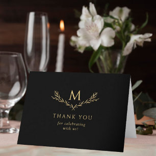 Carte De Remerciements Élégant noir et or Monogramme Wreath Mariage photo