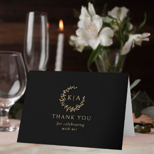 Carte De Remerciements Élégant noir et or Monogramme Wreath Mariage photo