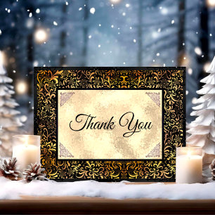 Carte De Remerciements Élégant noir floral faux or Noël