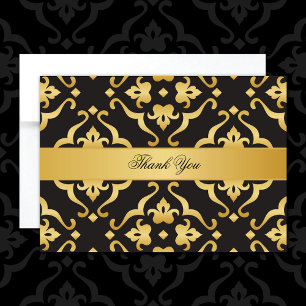 Carte De Remerciements Elégant noir & or Damask