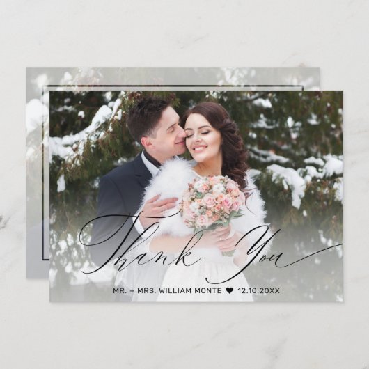 Carte De Remerciements Élégant noir Script Calligraphie Mariage photo (Devant / Derrière)