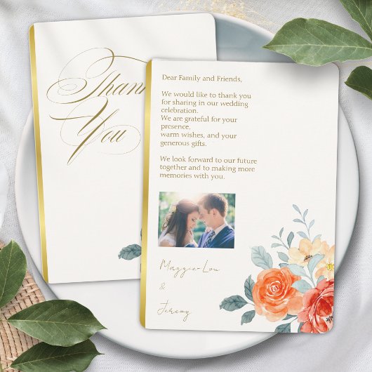 Carte De Remerciements Elégant or Blush Floral Script Mariage Photo