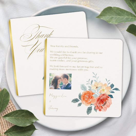Carte De Remerciements Elégant or Blush Floral Script Mariage Photo