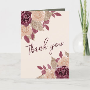 Carte De Remerciements Elégant or Bourgogne rose Roses Mariage Photo