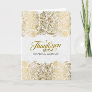Carte De Remerciements Elégant Or Et Blanc Paisley Lace