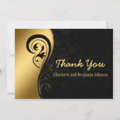 Carte De Remerciements Élégant or et Mariage floral noir (Devant)