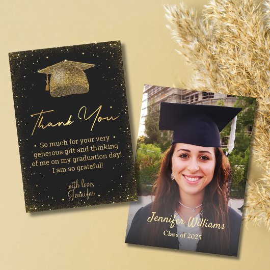 Carte De Remerciements élégant or script graduation photo noir