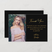 Carte De Remerciements élégant or script graduation photo noir (Devant / Derrière)