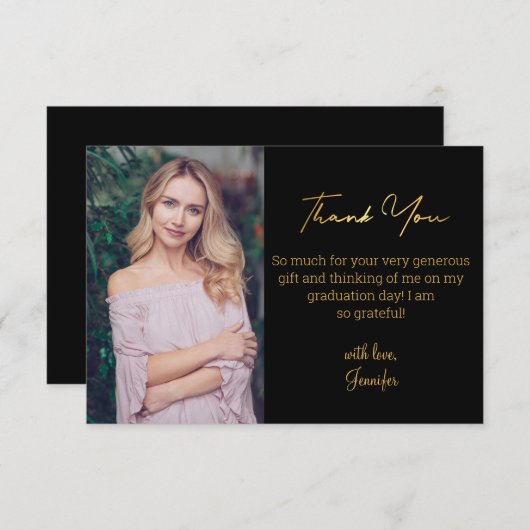 Carte De Remerciements élégant or script graduation photo noir (Devant / Derrière)