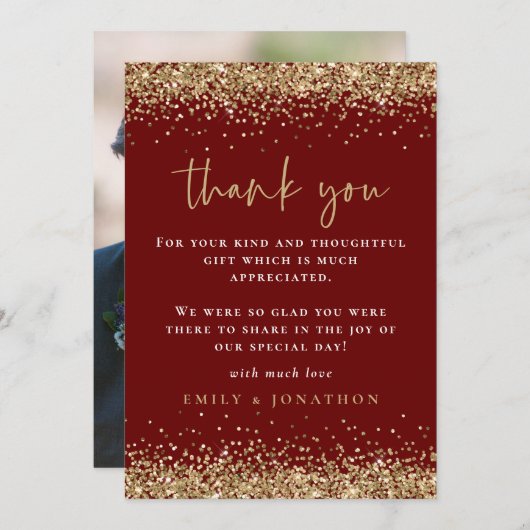 Carte De Remerciements Elegant Parties scintillant or Photo Mariage Bourg (Devant / Derrière)