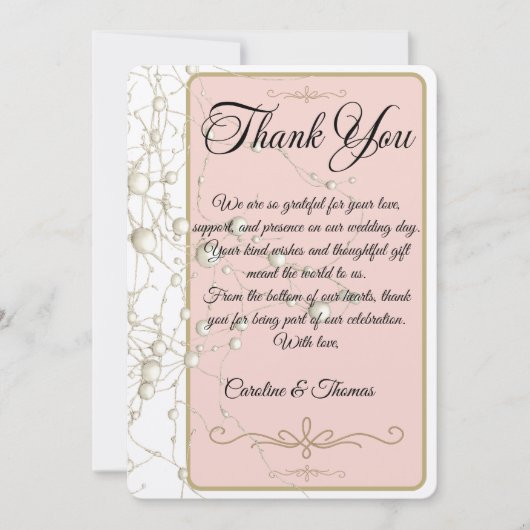 Carte De Remerciements Elegant Pearl Gold Script Wedding Romantic Pearls (Devant)