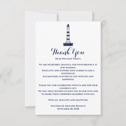 Carte De Remerciements Elégant phare Mariage nautique blanc & bleu (Devant)