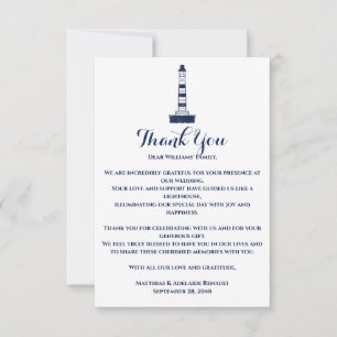 Carte De Remerciements Elégant phare Mariage nautique blanc & bleu