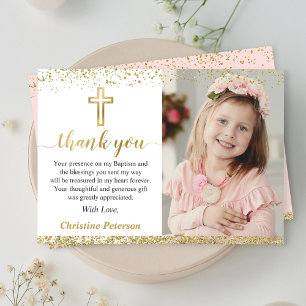 Carte De Remerciements Elégant Pink Gold Cross Girl Baptism Photo
