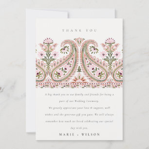 Carte De Remerciements Élégant Pink Green Floral Paisley Motif Mariage