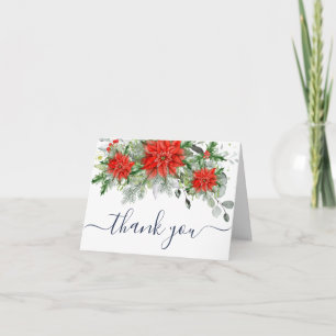 Carte De Remerciements Élégant poinsettia rouge eucalyptus pin aquarelle