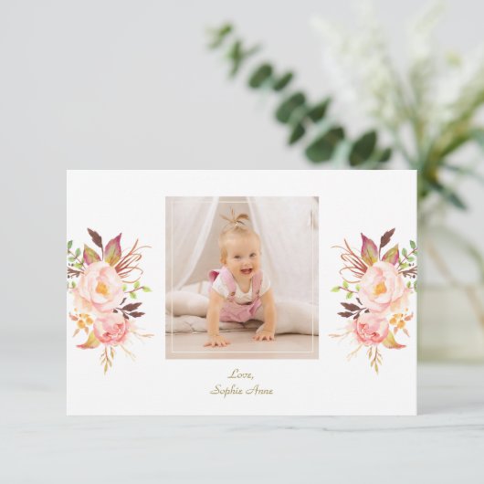 Carte De Remerciements Élégant rose Blush Floral Gold Girl Photo Baptême (Debout devant)