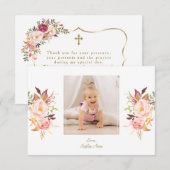 Carte De Remerciements Élégant rose Blush Floral Gold Girl Photo Baptême (Devant / Derrière)