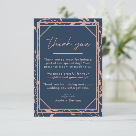 Carte De Remerciements Elégant Rose Gold & Navy Blue Floral Mariage (Debout devant)