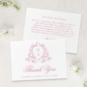 Carte De Remerciements Élégant Rose Rose Floral Couronne Monogramme Maria