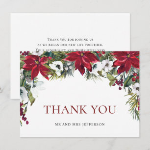 Carte De Remerciements Élégant Rouge Poinsettia Mariage de Noël hiver