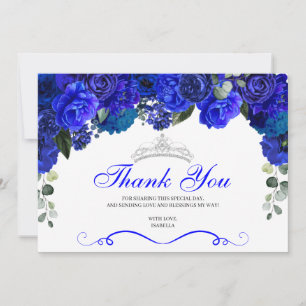Carte De Remerciements Elégant Royal Blue Silver Floral Quinceanera
