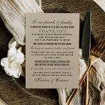 Carte De Remerciements Elégant Rustic Black et Kraft Mariage invité<br><div class="desc">Message de remerciement personnalisé adressé aux invités mariages pour qu'ils soient placés à chaque endroit. Caractéristiques texte noir et un arrière - plan en papier kraft rustique avec les noms de mariée et de mariée peuvent être personnalisés.</div>